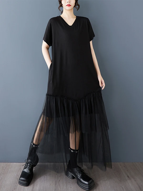 فستان نسائي صيفي 2025 بمقاسات كبيرة، فستان تي شيرت بتصميم شبكي يشبه القطعتين، فستان أسود فضفاض بأكمام قصيرة وياقة على شكل V #4