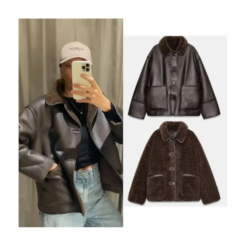 

Женская двусторонняя куртка, зимнее однобортное пальто с отложным воротником и длинными рукавами, повседневное модное женское пальто ﻿ ﻿ ﻿ ﻿ ﻿