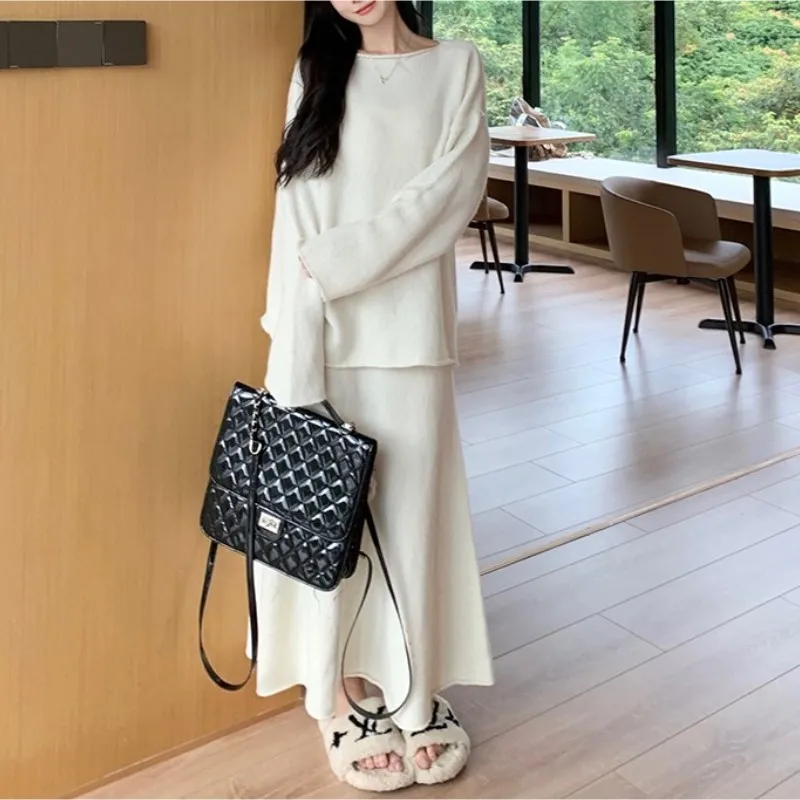 Autumn Winter Y2K Knitted Skirt Two Piece Set Korean Elegant Loose Sweater Tops and High Waist A-line Long Skirts Suit for Women