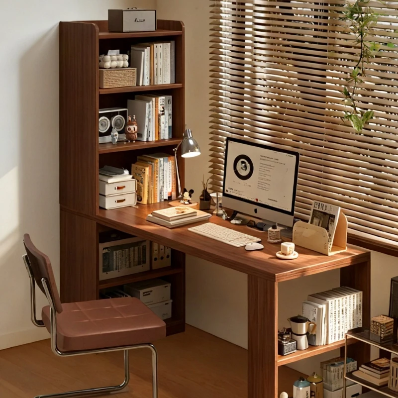 Corner desk bookshelf bookcase integrated small apartment bedroom home against the wall