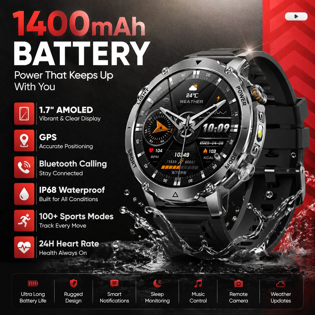 Smartwatch Rugged Watches For Men - Novo Smartwatch Masculino 2026 com Bateria