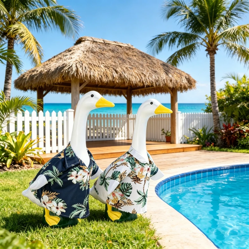 New Summer Couple Beach Outfit for 23 Inch Porch Goose Hawaiian Shirt & Tropical Beach Dress Set Beach Themed Cement Lawn Goose