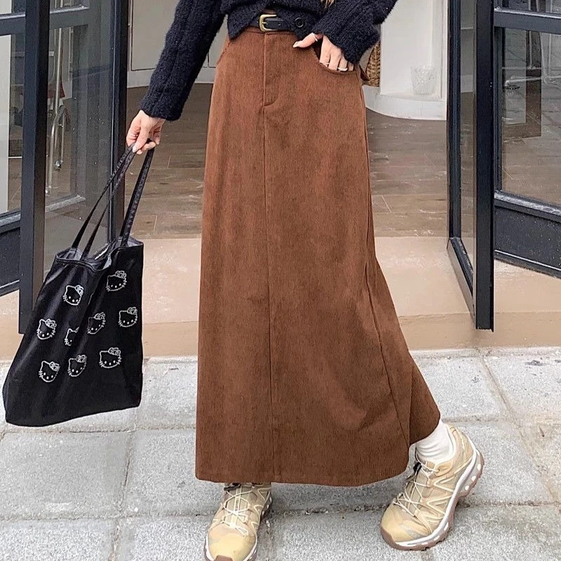 

Brown Corduroy Midi Skirt for Women, Autumn and Winter, A-line, High Waist, Straight Tube, Split, Bodycon Skirt.