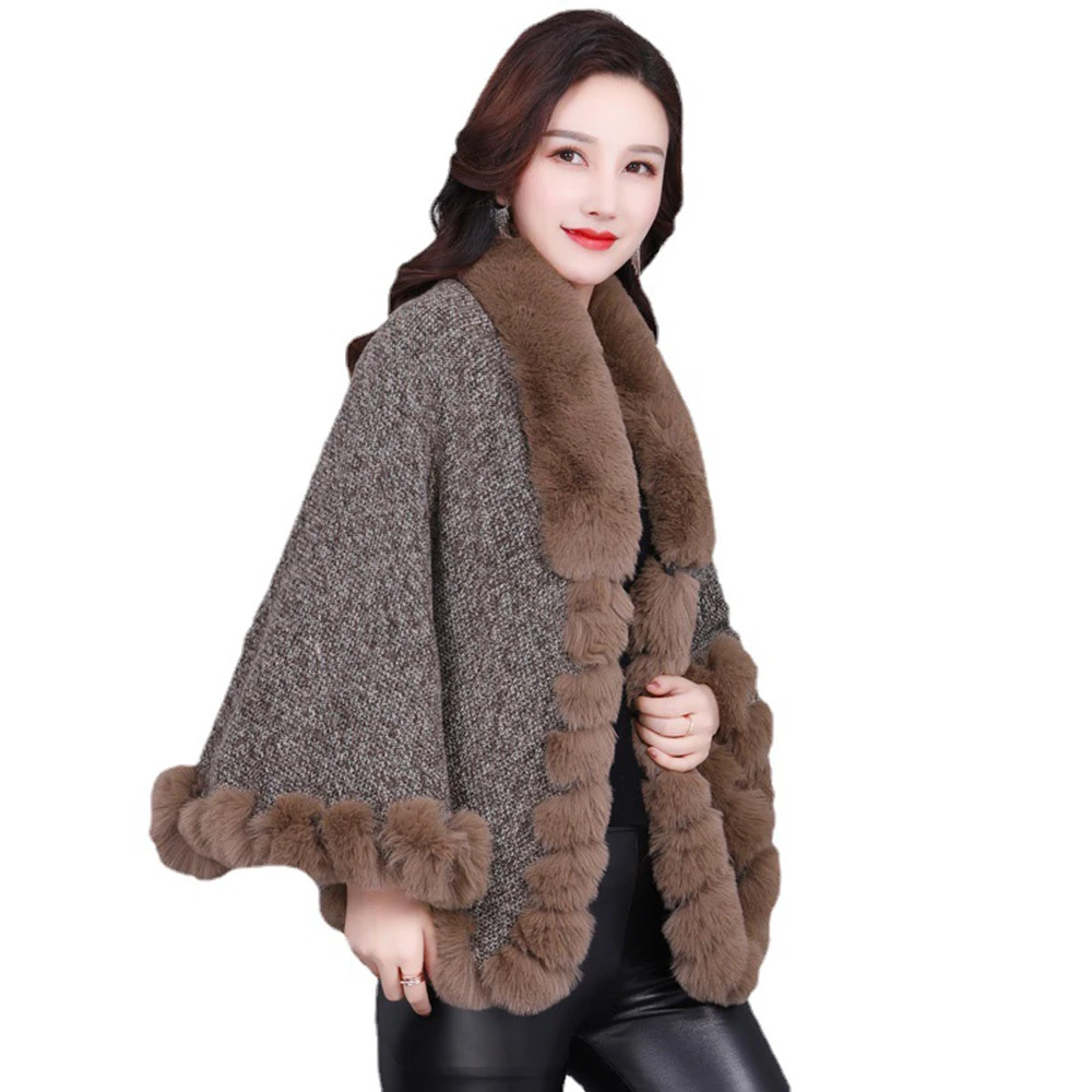 

Women Winter Faux Fur Poncho Coat Cardigan Casual Fur Collar Shawl Cloak Thickened Warm Solid Color Fluffy Cape Wraps Black Grey