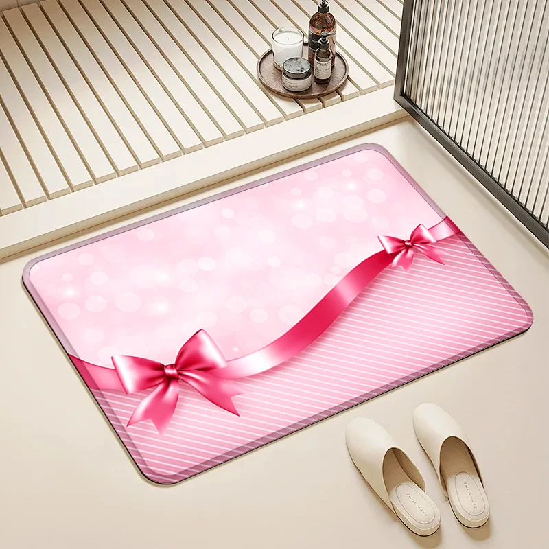 

Pink Bow Door Mat Non-Slip Absorbent Floor Rug for Home Bathroom Kitchen Living Room Decor