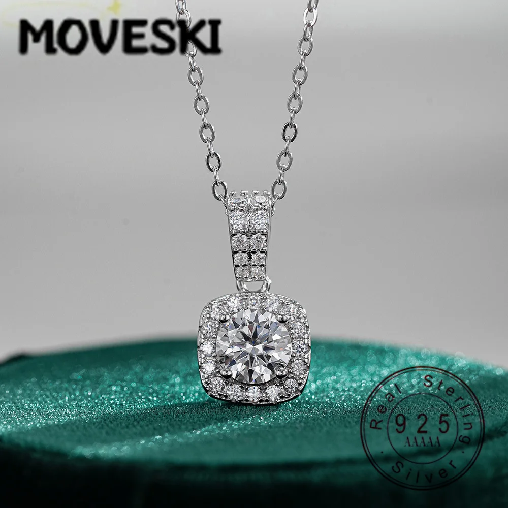 

MOVESKI 925 Sterling Silver Moissanite Pendant Necklace, 1CT D Color VVS1 Round Cut, Fine Jewelry for Women
