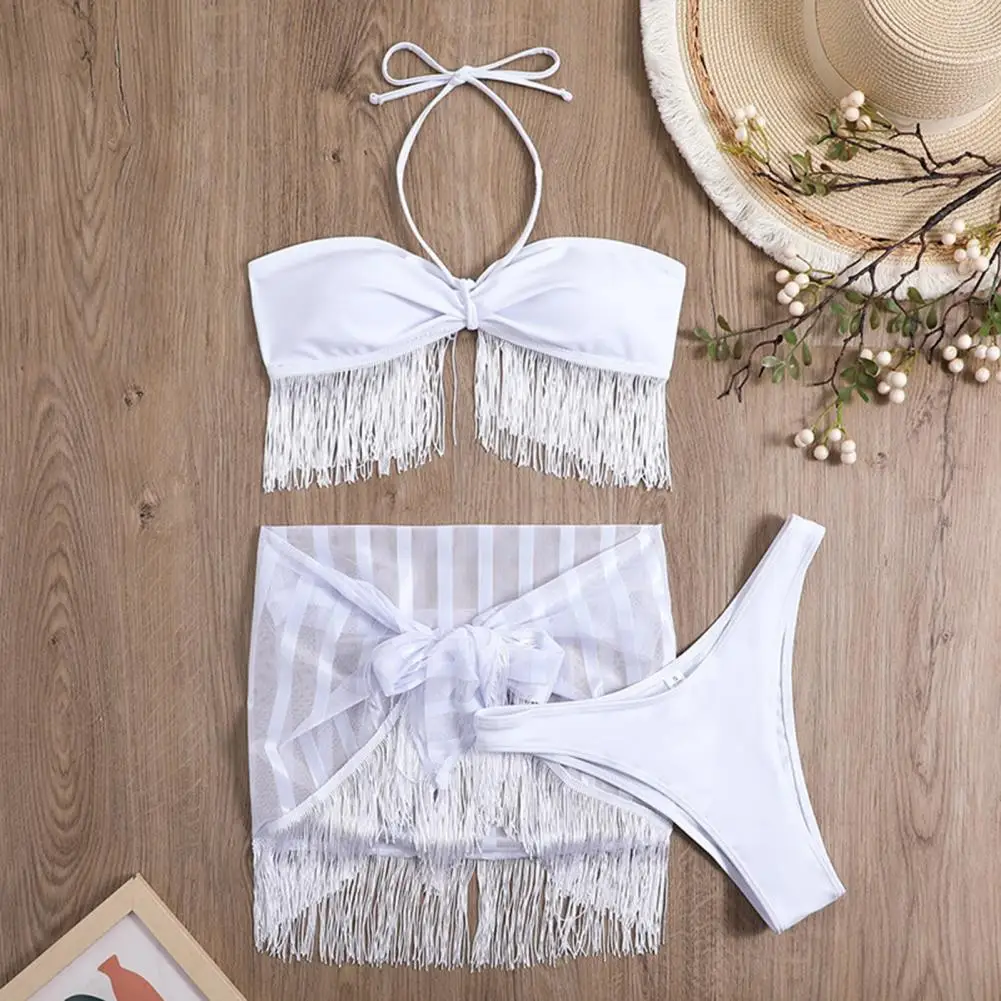 3Pcs/Set Women Swimwear  Quick Dry   Bikini Set Summer Sexy Tassel Bikini Set