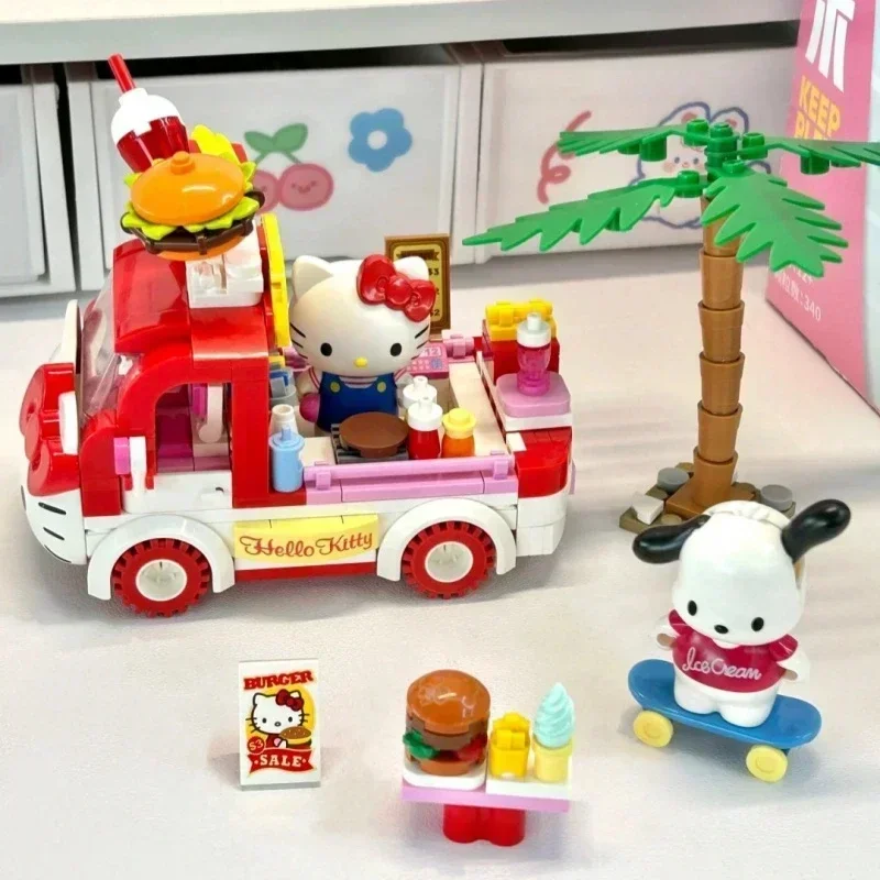 Keeppley Building Blocks Sanrio Hello Kitty Pochacco Burger Car Model Cinnamoroll Pompom Purin Splicing Ornaments Toys Gifts