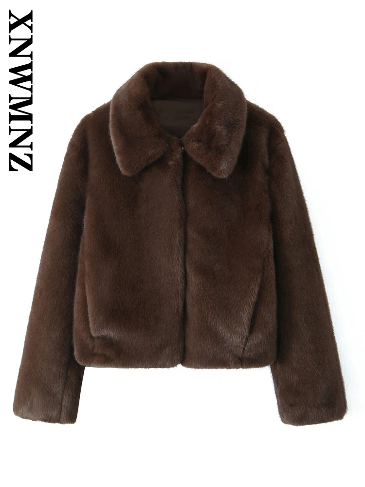 XNWMNZ 2024 Autumn New Lady Classic Turn-down Collar Faux Fur Outerwear Coat Casual Female Long Sleeve Jacket Ruffles Thick Top