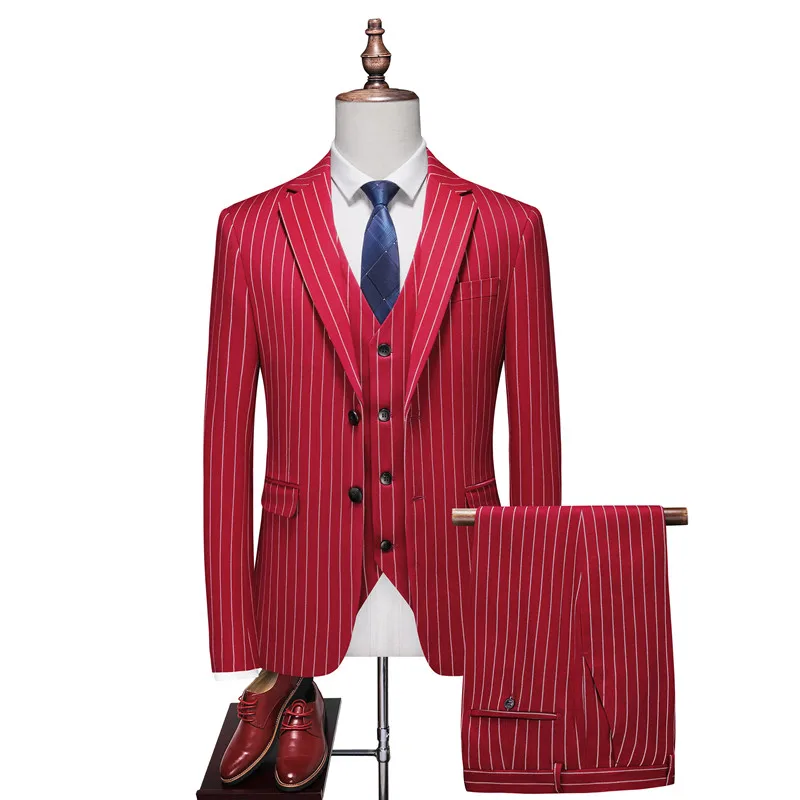 (자켓+바지+조끼) 신상 남성 비즈니스 스트라이프 정장 블랙/화이트/레드/블루 패션 남성 웨딩 연회 파티 드레스 3종 세트