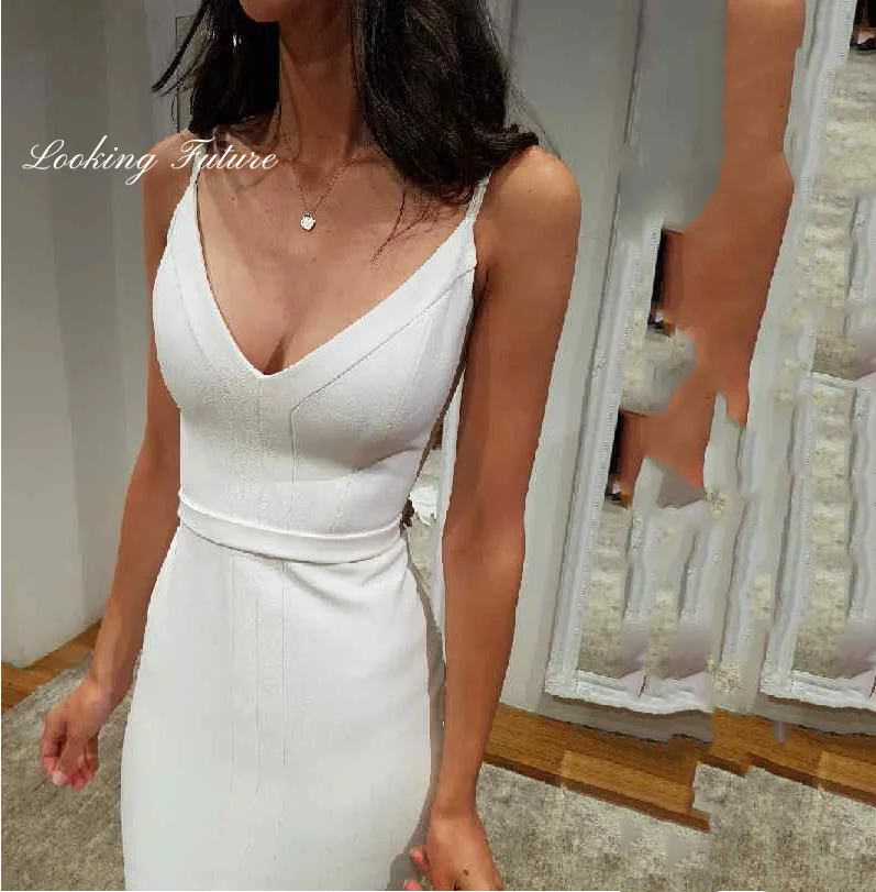 Robe de Mariée en Satin Simple et Moderne, Col en V, lèvent, Plis Formel, Patients, Traîne de Balayage, 2024