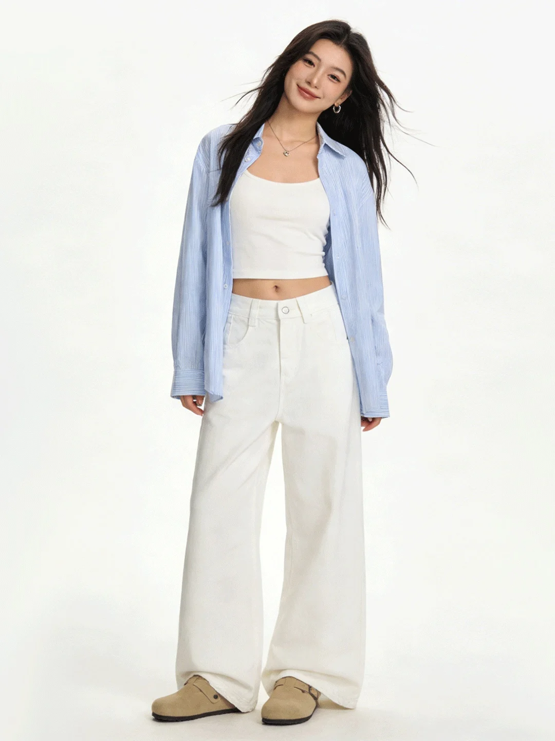 

High Waist Wide Leg Casual Commuter White Denim Jeans Spring Loose Slimming Straight Long Pants Korean Sle Ladies Jeans