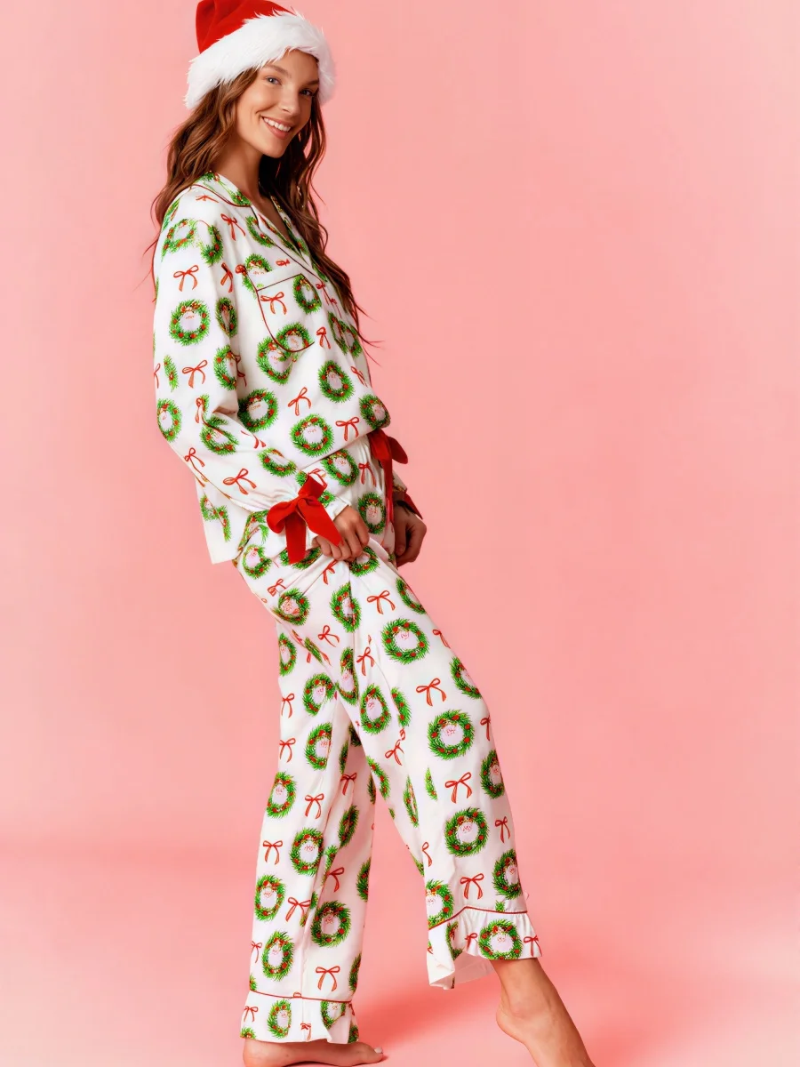 

Women Christmas Pajama Set Long Sleeve Lapel Wreath Print Shirt Pants Sleepwear Sets