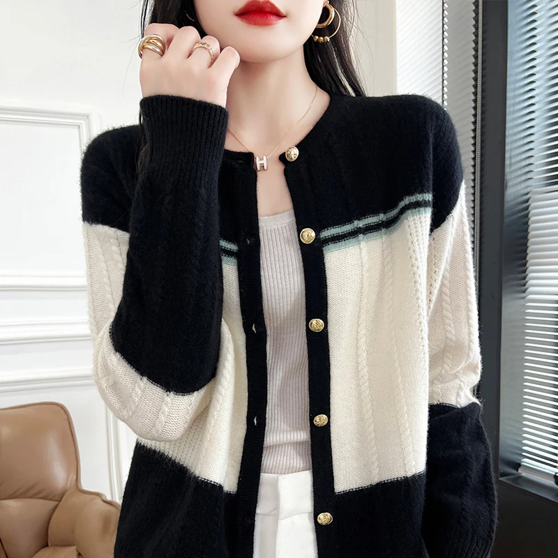 Match color autumn/winter new 100% Merino wool cashmere cardigan Women's o neck cardigan warm bottom knit shirt top