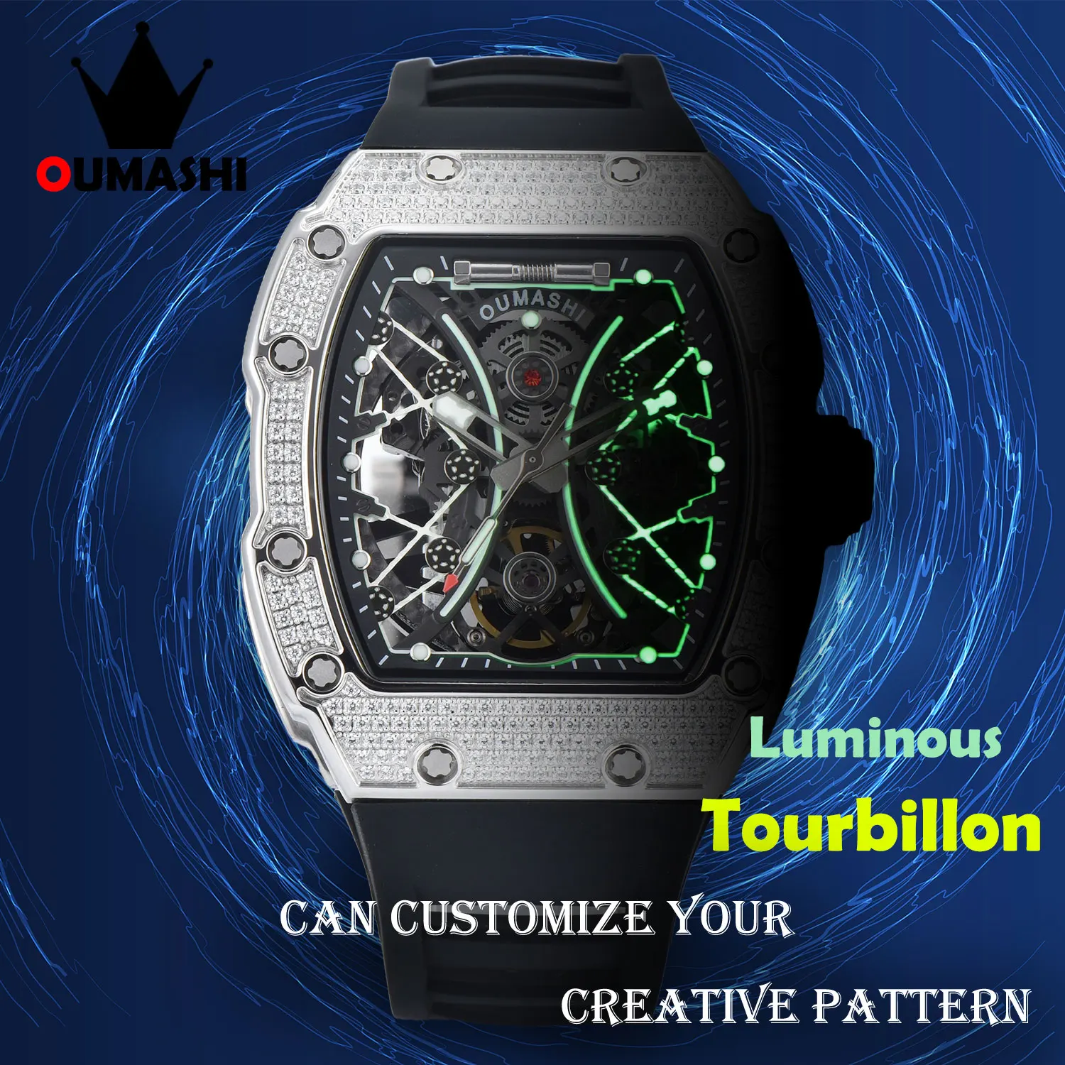 OUMASHI-43mm Tourbillon Watch Luxury Business Fashion Hollow Out waterproof Glow-in-the-dark trend Mechanical men's watch