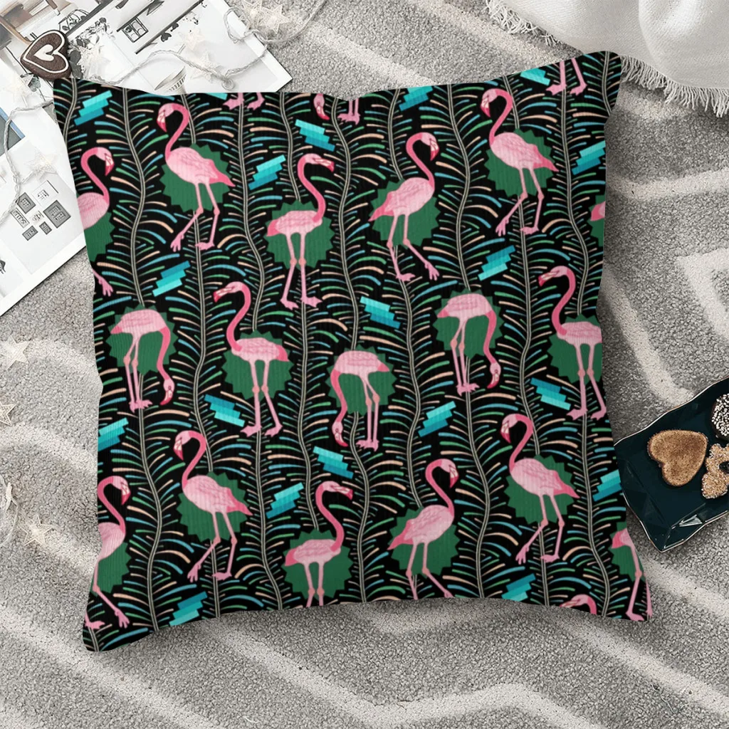 Pink Birds 20s Art Deco with Ferns Flamingo Boho Polyester Cushion Cover For Sofa Car Decorative Breathable Coussincase