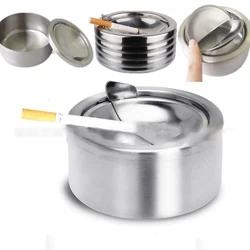 1pc Cigarette Lidded Ashtray Stainless Steel Silver Windproof Ashtray With Lid Round Shape Smoking Ash Tray