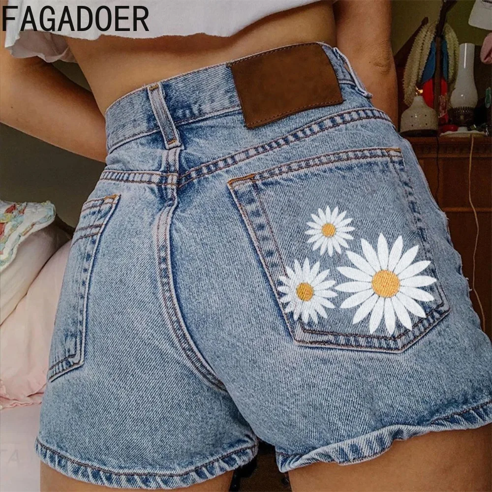 FAGADOER Blue Summer New Flower Embroidery Slim Jeans Shorts Women High Waisted Slim Denim Bottoms Fashion Female Pocket Shorts