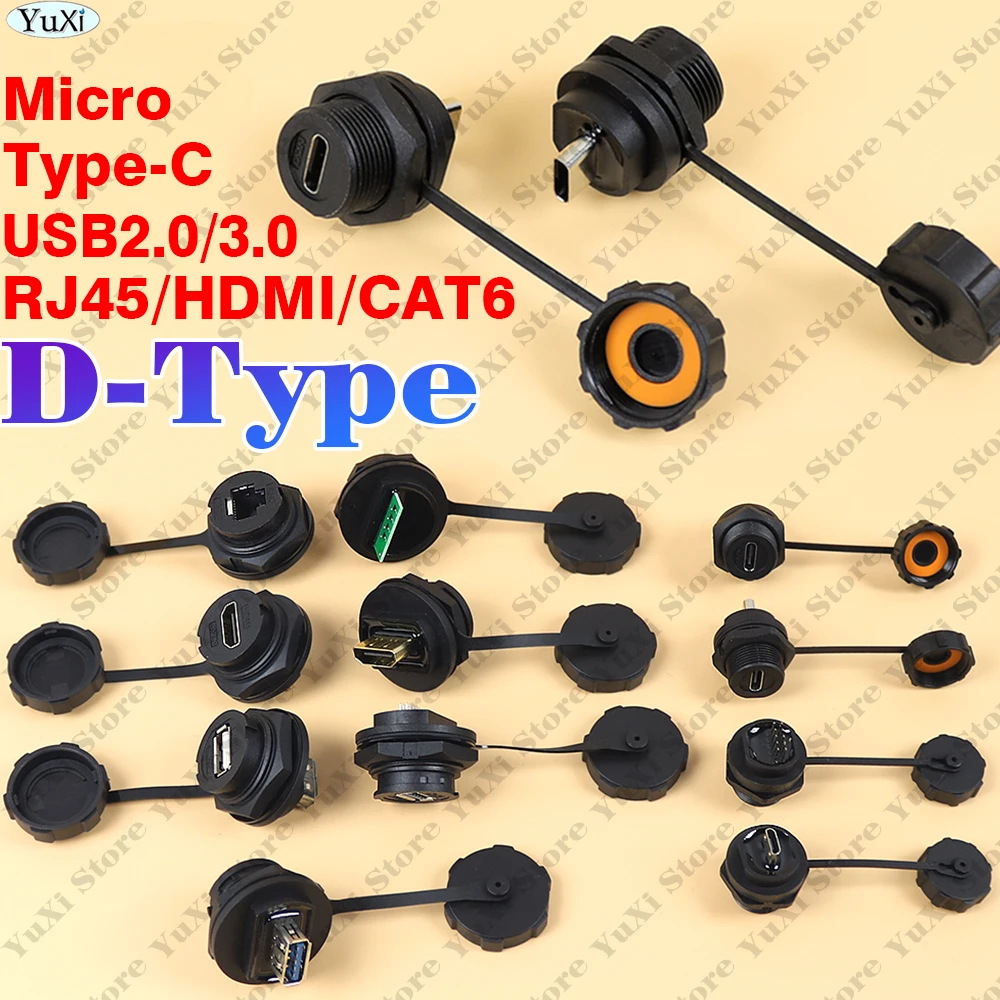 1pc D-Type Chassis Connector USB Micro Type-C RJ45 HDMI-compatible Female to Female Converter Panel Mount DIY Jack Dust Cover