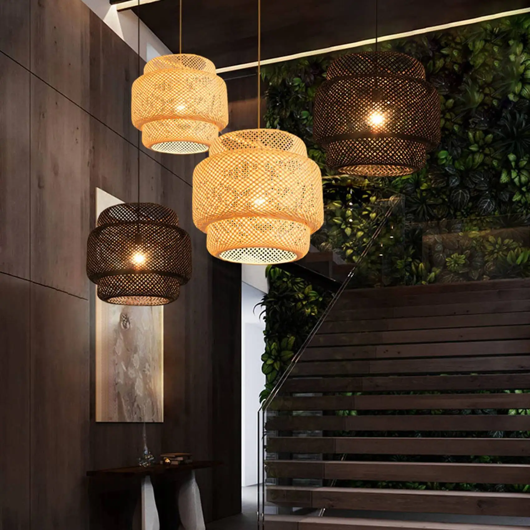 Pendant Light Ceiling Retro Hanging Cafe Lights Loft Japanese Style Hand Weaved Bamboo Woven Lampshade for Teahouse B