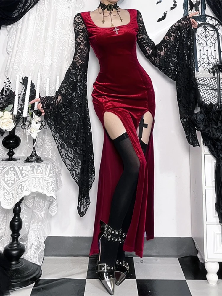 AltGoth Halloween Dark Gothic Party Dress Women Vintage Aesthetic Fairycore  Grunge Lace Flare Sleeve Split Dress Cosplay Outfits - AliExpress 200000345