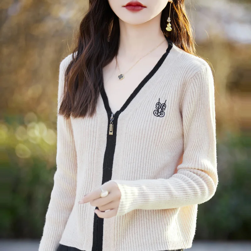 

100% Australian wool women's cardigan V-neck sweater fashionable slim fit knitted full sleeved women's wool sweater hot selling