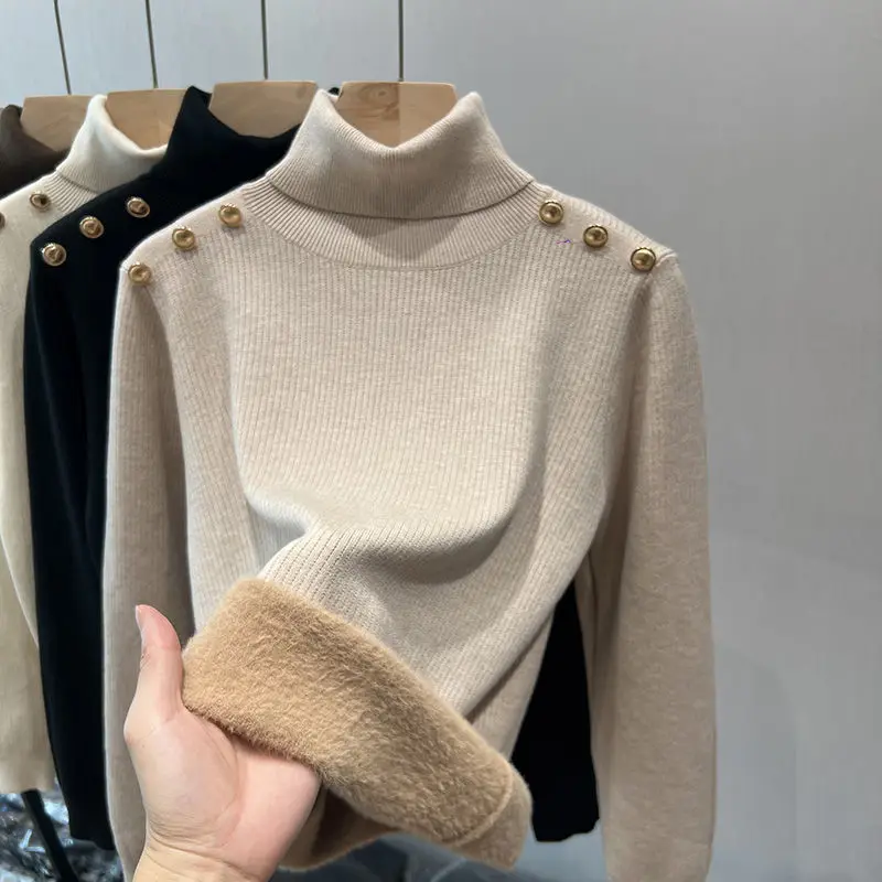 

Turtleneck Sweater Women Fall Winter 2023 Elegant Knitwear Jumper Slim Tops Thicken Warm Velvet Lined Knitted Pullover A78