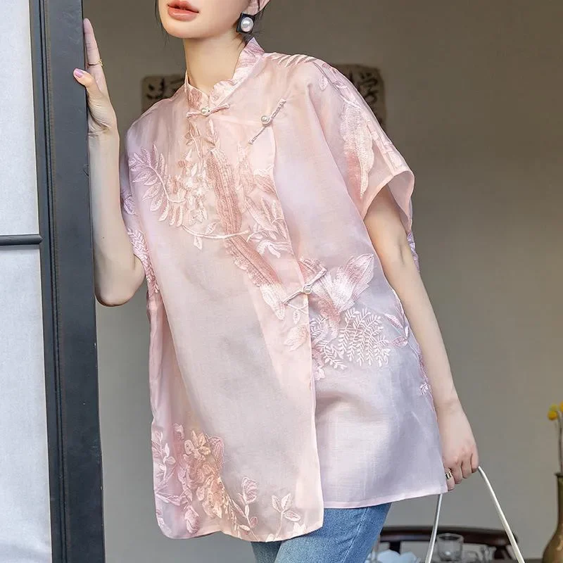 Chemisier ample Vintage pour femmes, Style chinois, broderie florale, col montant, bouton grenouille, chemises fines à manches courtes, nouvelle collection été 2025