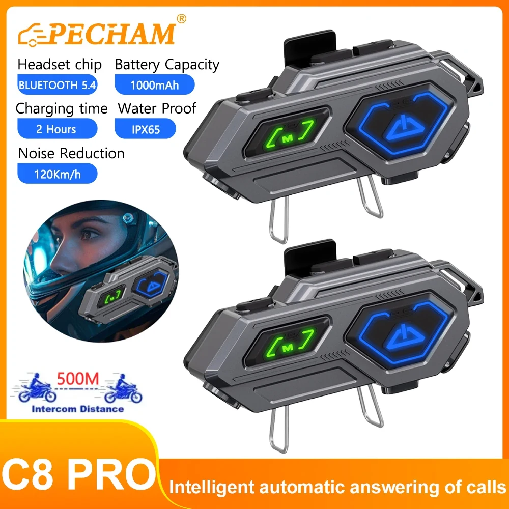 

C8 PRO Motorcycle Helmet Intercom Bluetooth Headset BT 5.3 Hands Free Call Wireless Noise Reduction for 2 Rider 500m Interphone