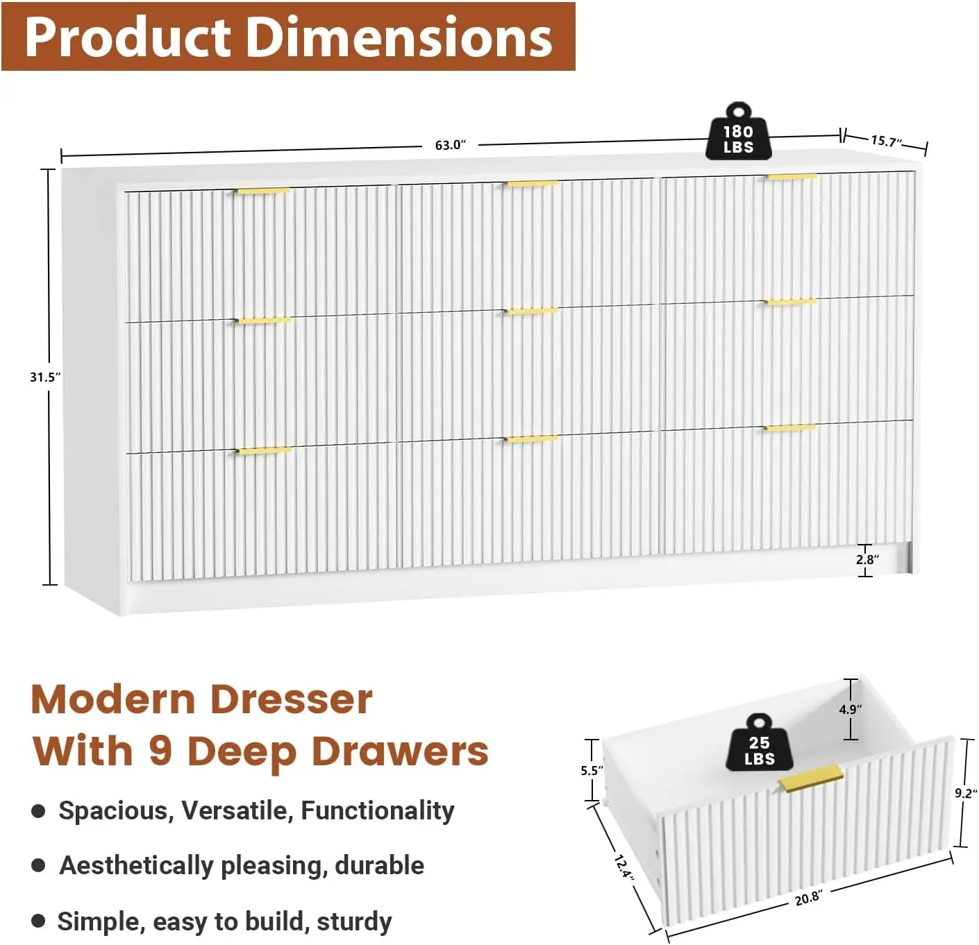 Large White Dresser with 8 Drawers, 55