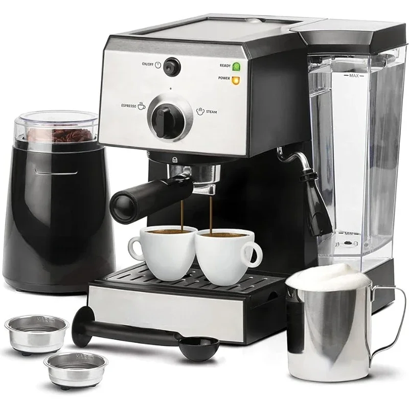 All-In-One Espresso Machine with Milk Frother 7-Piece Set - Latte Maker Includes Grinder, Frothing Pitcher,Cups,Spoon and Tamper