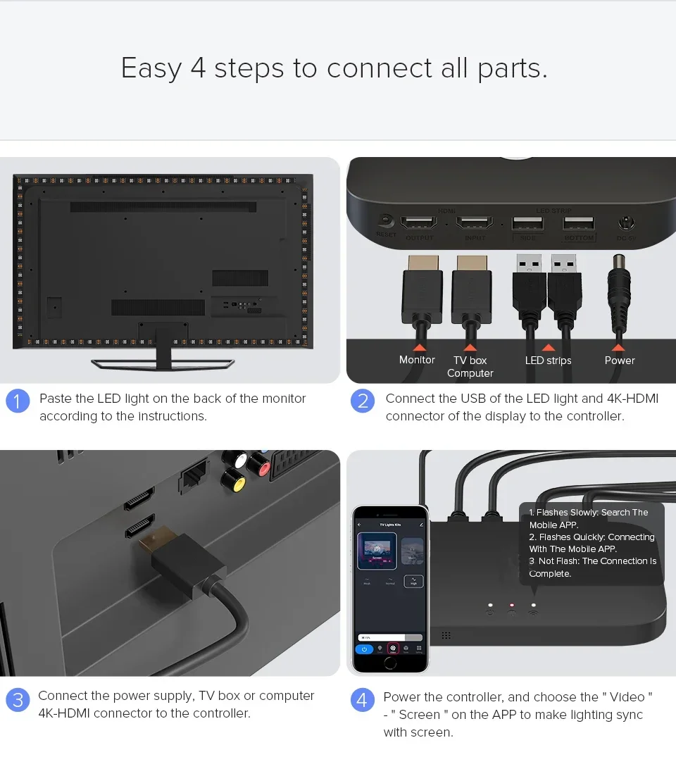 Smart LED TV Ambient Color Changing Led Strip Lights 12V RGB HDMI Sync Box and Lighting Kits Sync Screen Color for tv backlight