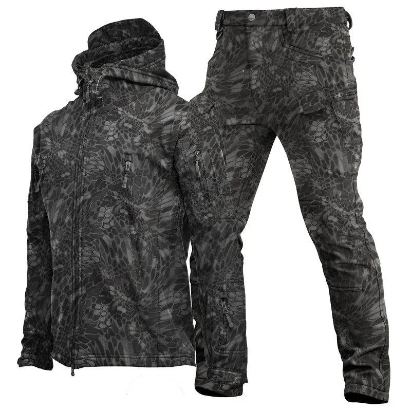 Mens Outdoor Shark Skin Softshell Jacket Set Spring Autumn Winter Military Windproof Breathable Fleece Lined