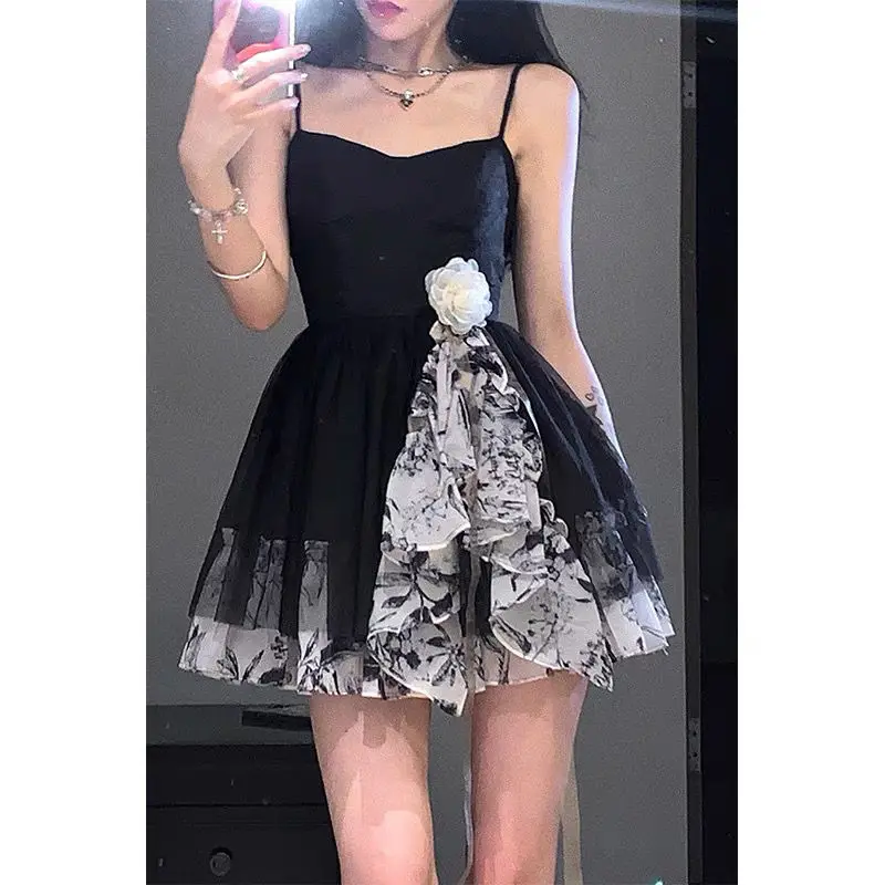 

Y2K Summer Ink Wash Floral Women New Patchwork Contrasting Colors 3D Flower Short Skirt Aesthetic Pleats Net Yarn Slip Dress