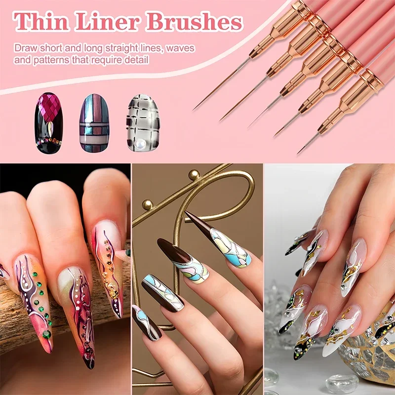 1Pcs French Stripe Nail Art Liner Brush Set Pink Tips Ultra-thin Line Drawing Pen Carved UV Gel Painting Brushes Manicure Tools