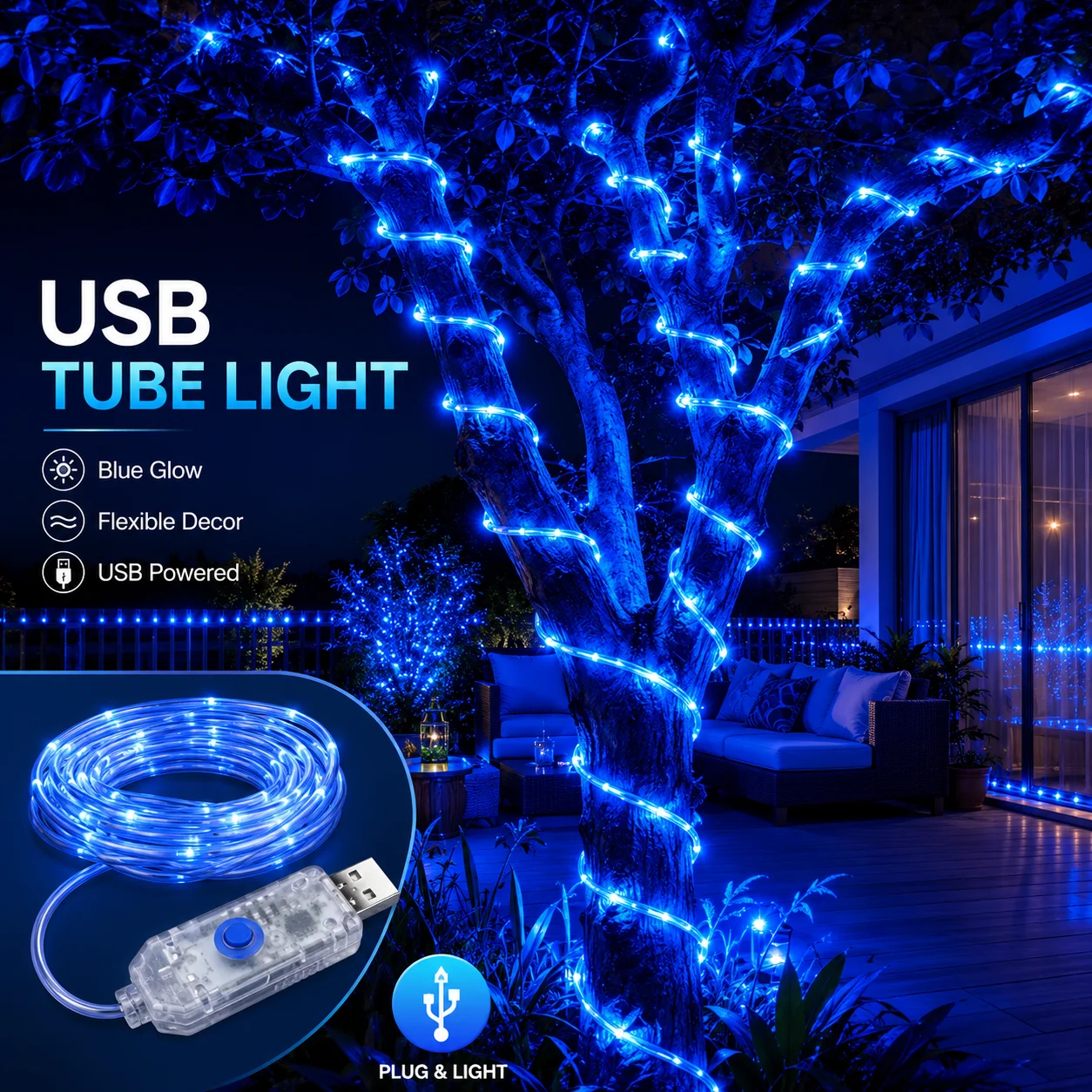 LED Rope Lights USB Tube String Light Blue 7/12/17/22M 50-200LED Flexible for Bedroom Garden Patio Party Christmas Decor