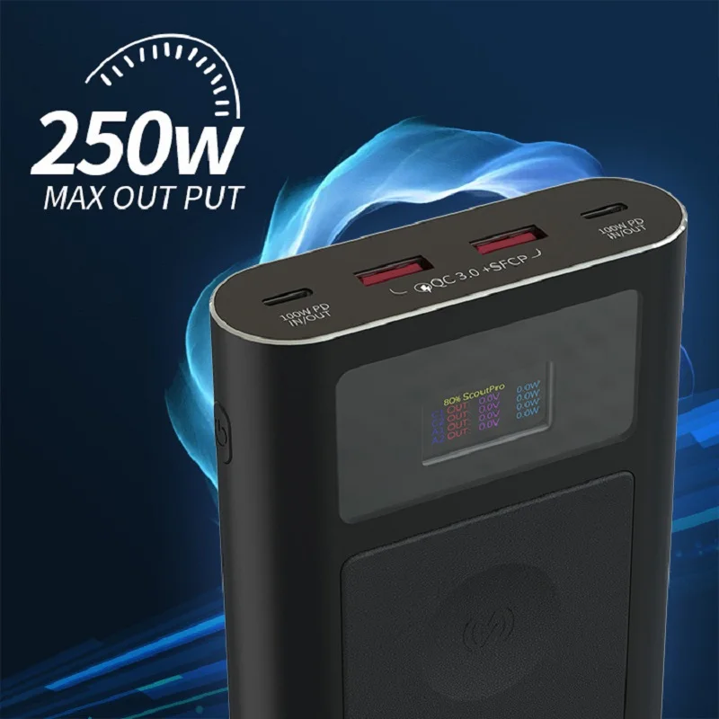 250W Power Bank Two Way PD 100W QC Wireless High Power UPS Supply 26800mah Color Display Screen Phone Laptop Watch Fast Charging