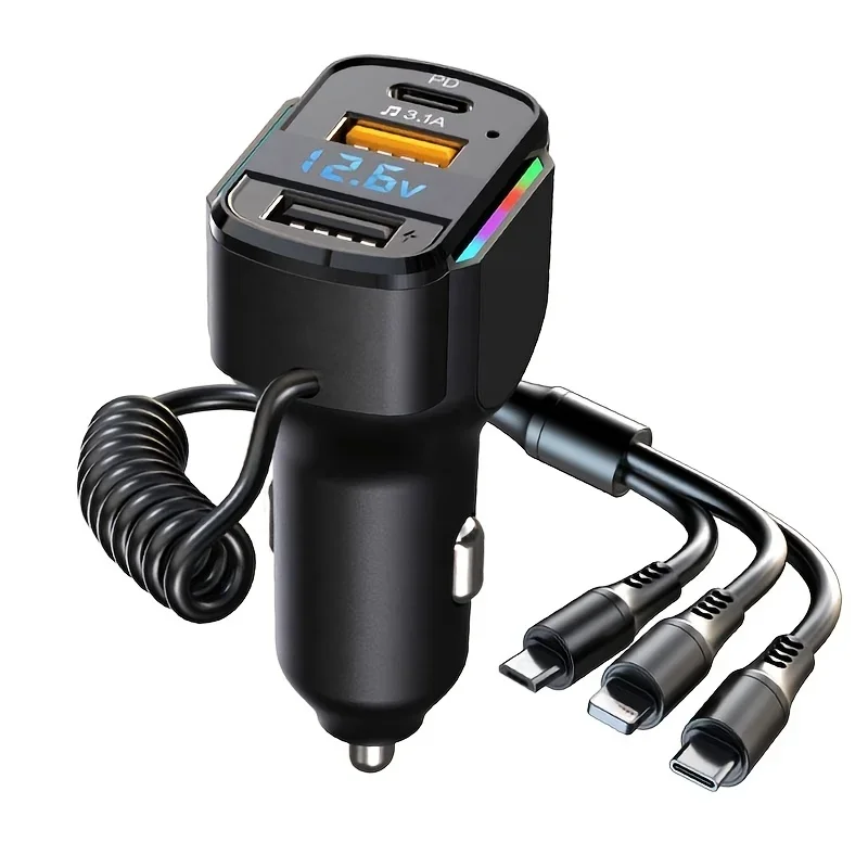 3-in-1 Car Charger PD Fast Car Charger (K4) QC3.1 Type C  2 USB Charging Ports + 1 Type C Fast Charging Micro USB Type C