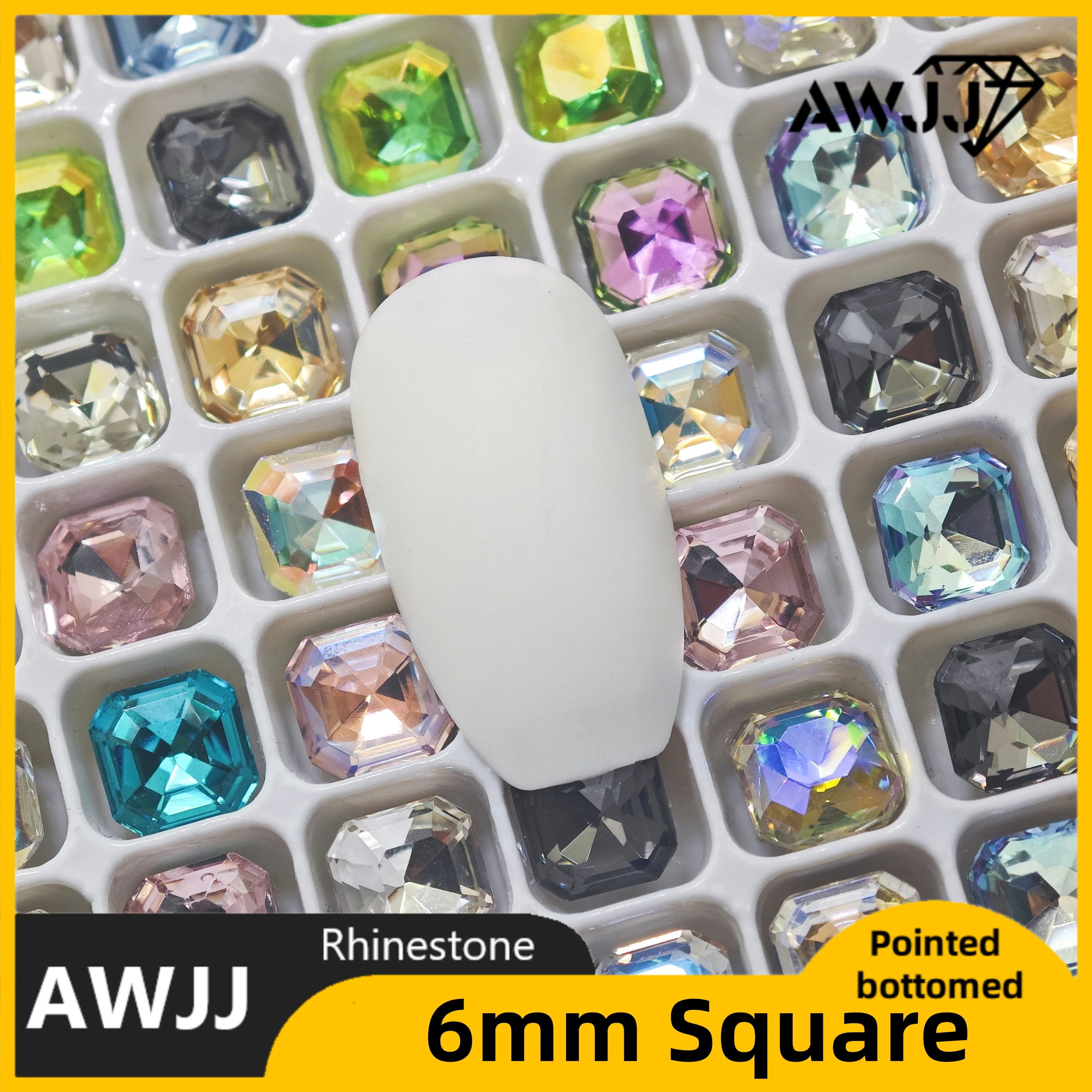 Kryształki kwadratowe ośmiokątne 6 mm, wszystkie kolory, z ostrym dном, kamienie ozdobne do kolczyków, naszyjników, biżuterii do paznokci.