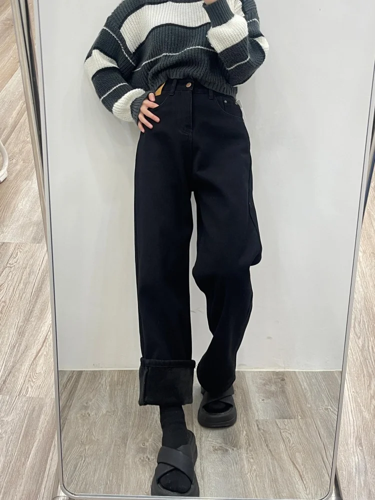 Thiened Fce المرأة الجينز الخريف الشتاء حجم كبير فضفاض مستقيم الساق بنطال ذو قصة أرجل واسعة الكمثرى القرد الجسم التخسيس بنطلون