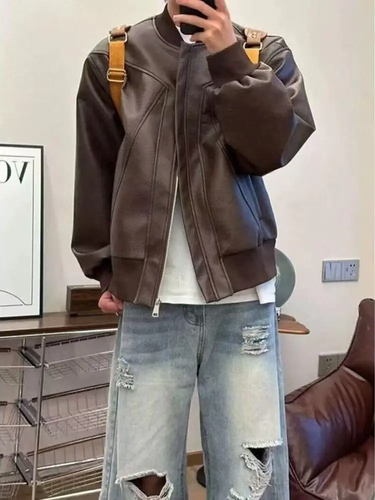 

Мужская верхняя одежда из искусственной кожи в американском стиле ретро Jaet ort Sle Motorcycle Jaet Baseball orm All-Match Autumn Faion