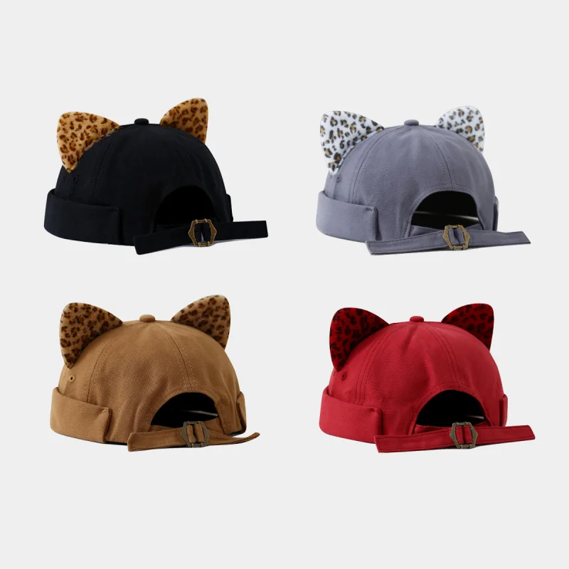 Japanese Art Fresh Fashion Leopard Print Ears Skullcap Women Trendy Korean Style Internet Famous Landlord Hat Sailor Cap Unisex