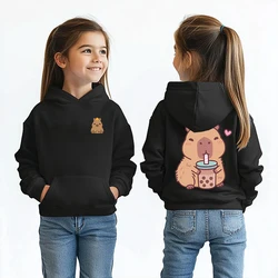 Cute Capybara printed kids hoodie autumn and winter plus velvet hoodie black top for girls