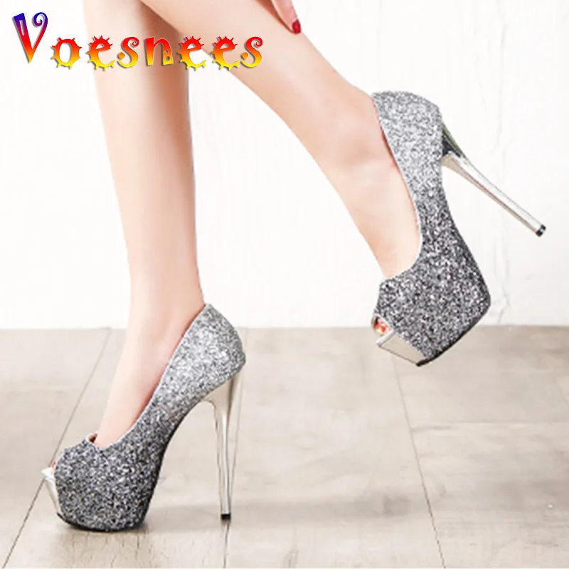 Fashion Sequin Fish Mouth High Heels With Gradient Color Trend Women\'s Shoes European And American Sexy Thin Heels Single Pumps