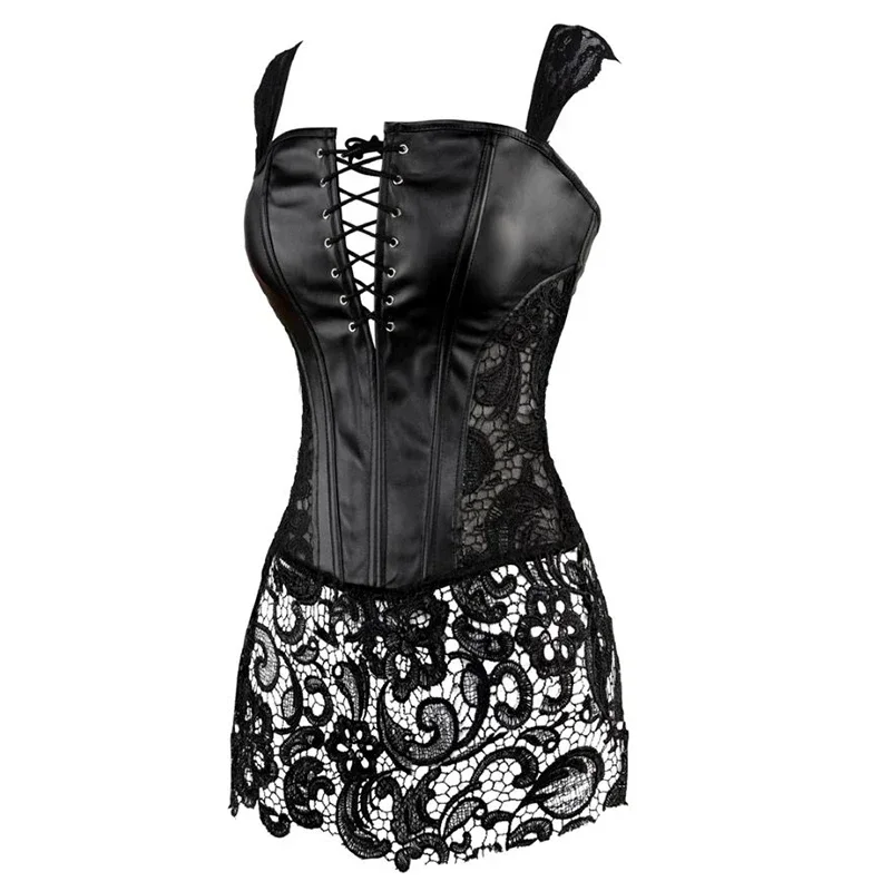 Women's Steampunk Gothic Overbust Corset Dress Lace Up Zipper Back Punk Faux Leather Bustier Lingerie Plus Size