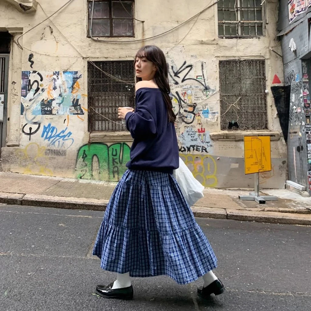 تنورة ريترو متعددة الطبقات ذات مربعات باللونين الأزرق والأبيض، طراز بناتي فرنسي، تنورة عالية الخصر وتنحيف على شكل حرف A، لو نسائي #2