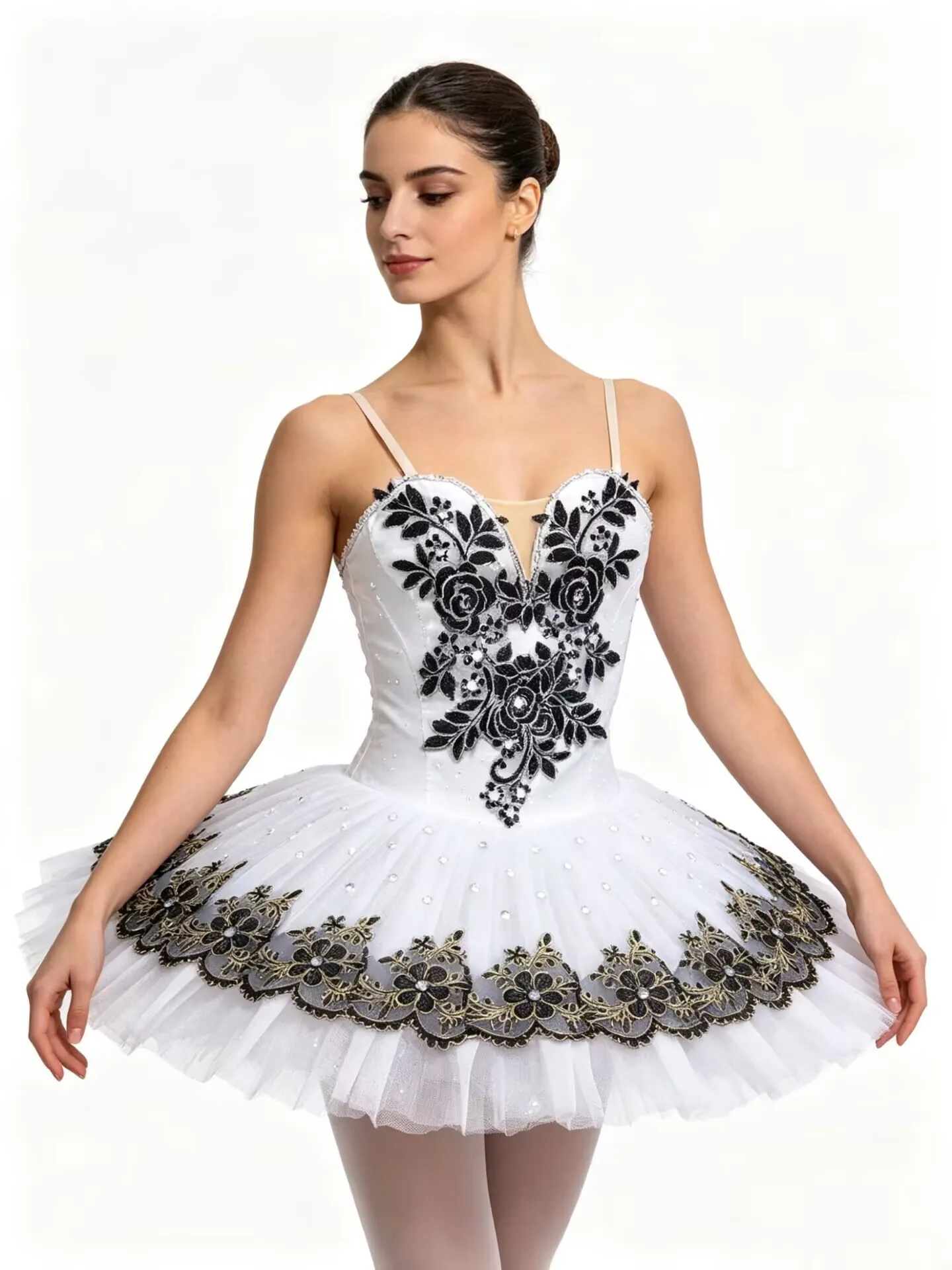 Schwarz-Weißes Stern-Ballett-Tutu-Kleid für Damen Handgefertigtes Strass-Klassisches Tanzwettbewerbs-Kostüm