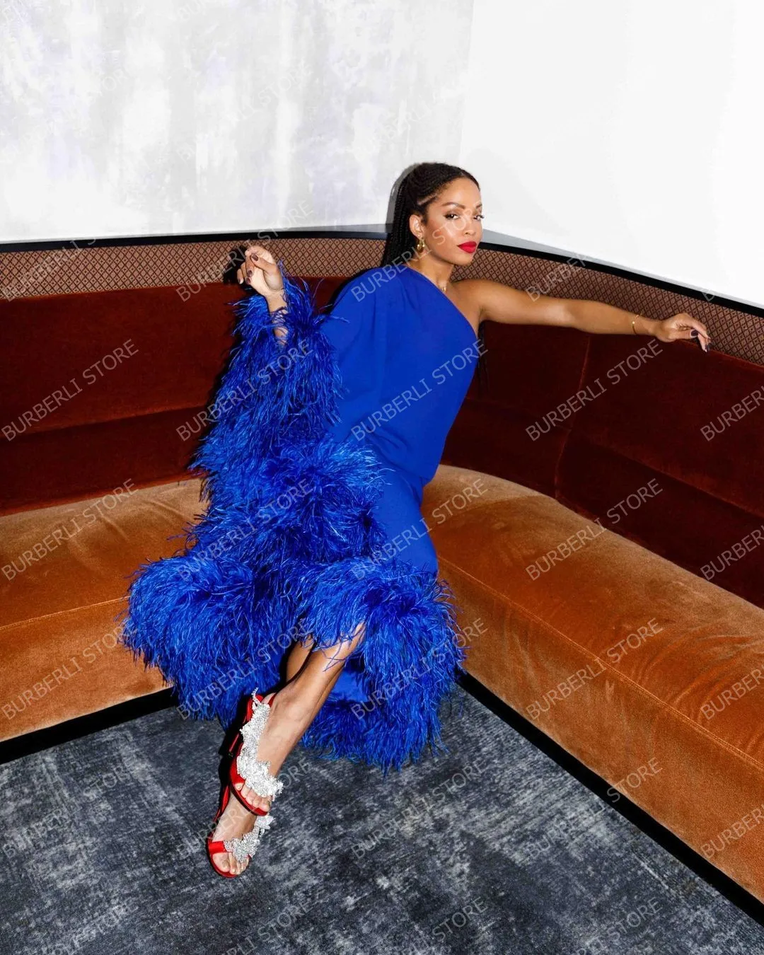 Chic One Shoulder Feathers Edge Women Dresses Aso Ebi Fashion Ankle Length Formal Party Dress Luxury Feather Prom Gowns Custom M