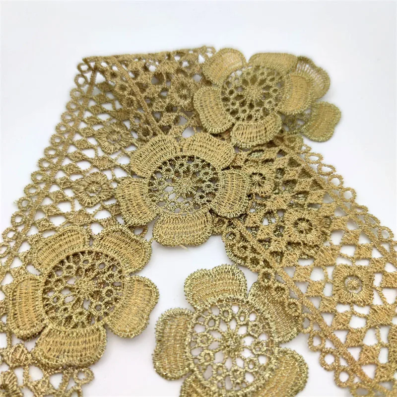 High Quality Gold Line Lace Trims Fabric Ribbon Embroidery Flowers lace Bilateral Hollowing Sewing Collar Trimmings