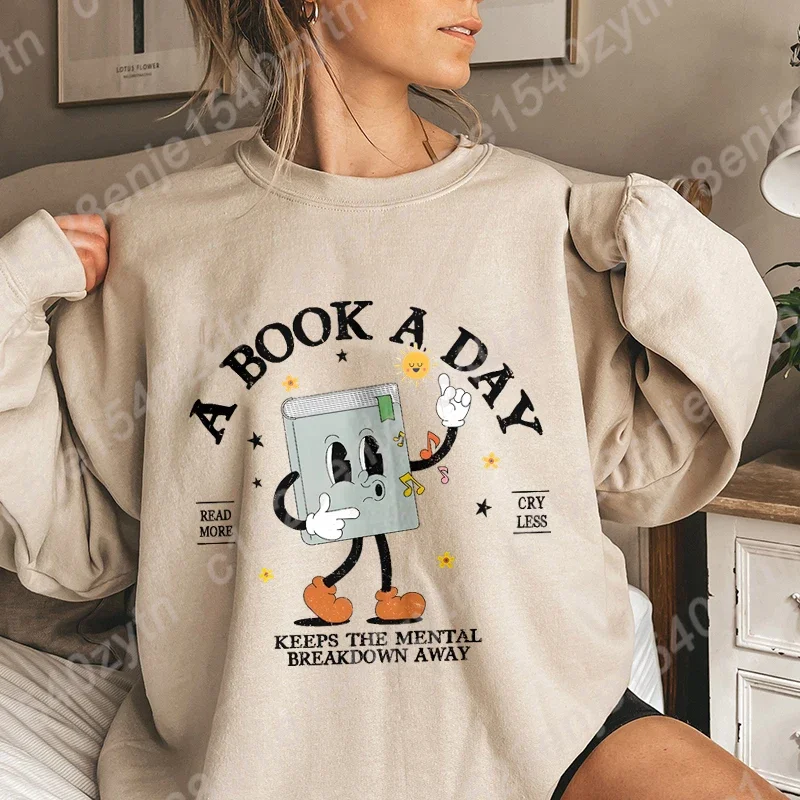 A Book A Day Letter Print Sweatshirts Fashion Women Oversized Sweatshirt Casual Long Sleeves Pullovers For Fall & Winter